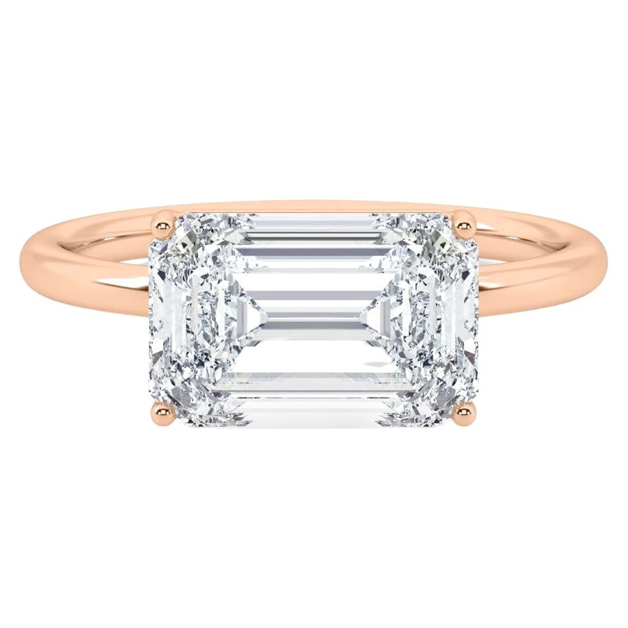 3 Carat Emerald Cut Diamond East to West Engagement Ring in 14k Rose Gold