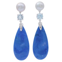 Lapis Lazuli, Diamonds, Aquamarine, Grey Pearls, 14 Karat White Gold Dangle Earrings