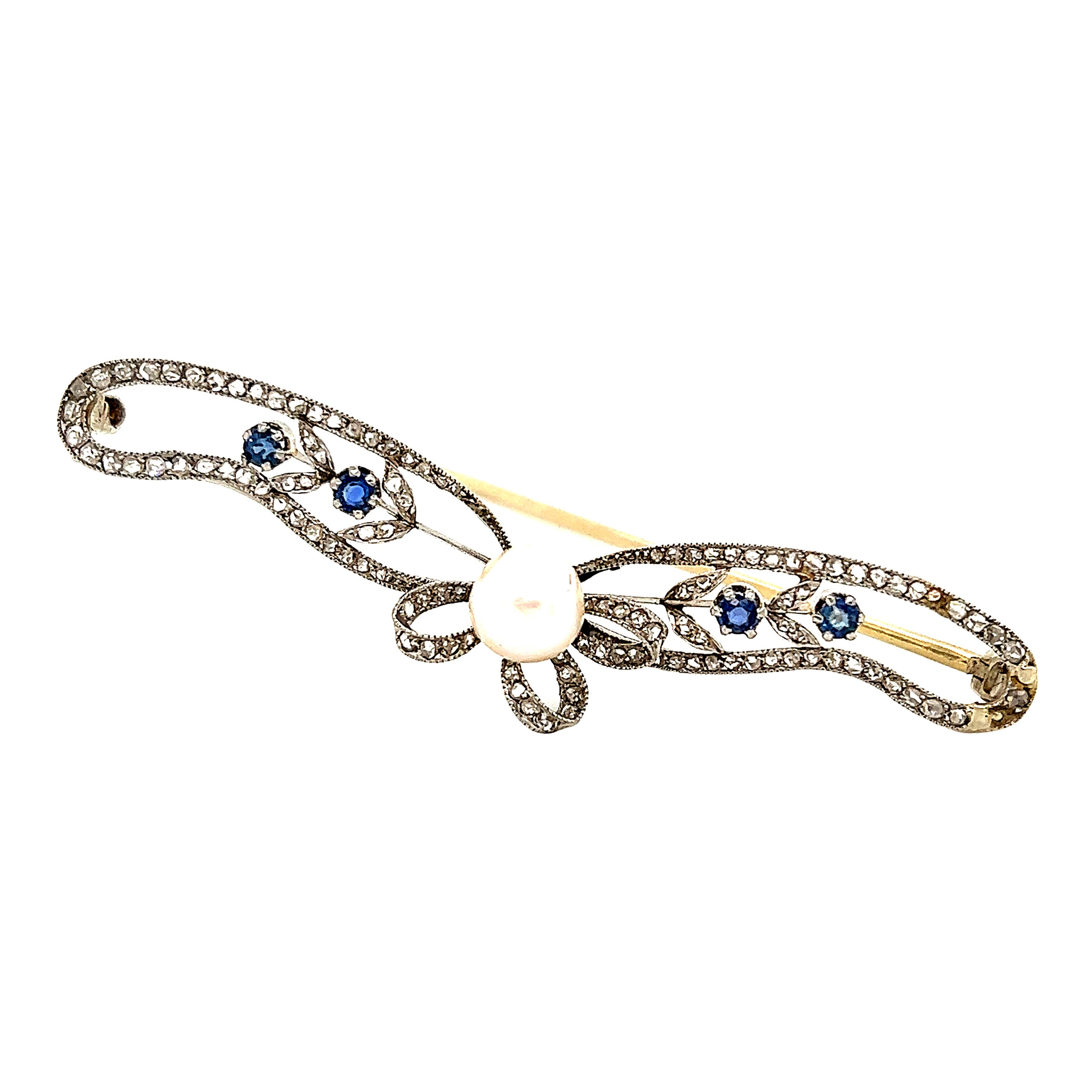 Belle Epoque Platinum Ribbon Brooch with Pearl Diamonds & Sapphires