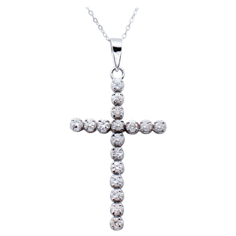 Ladies Necklace 9ct (375, 9K) White Gold Cross (25pts) Diamond Pendant Necklace