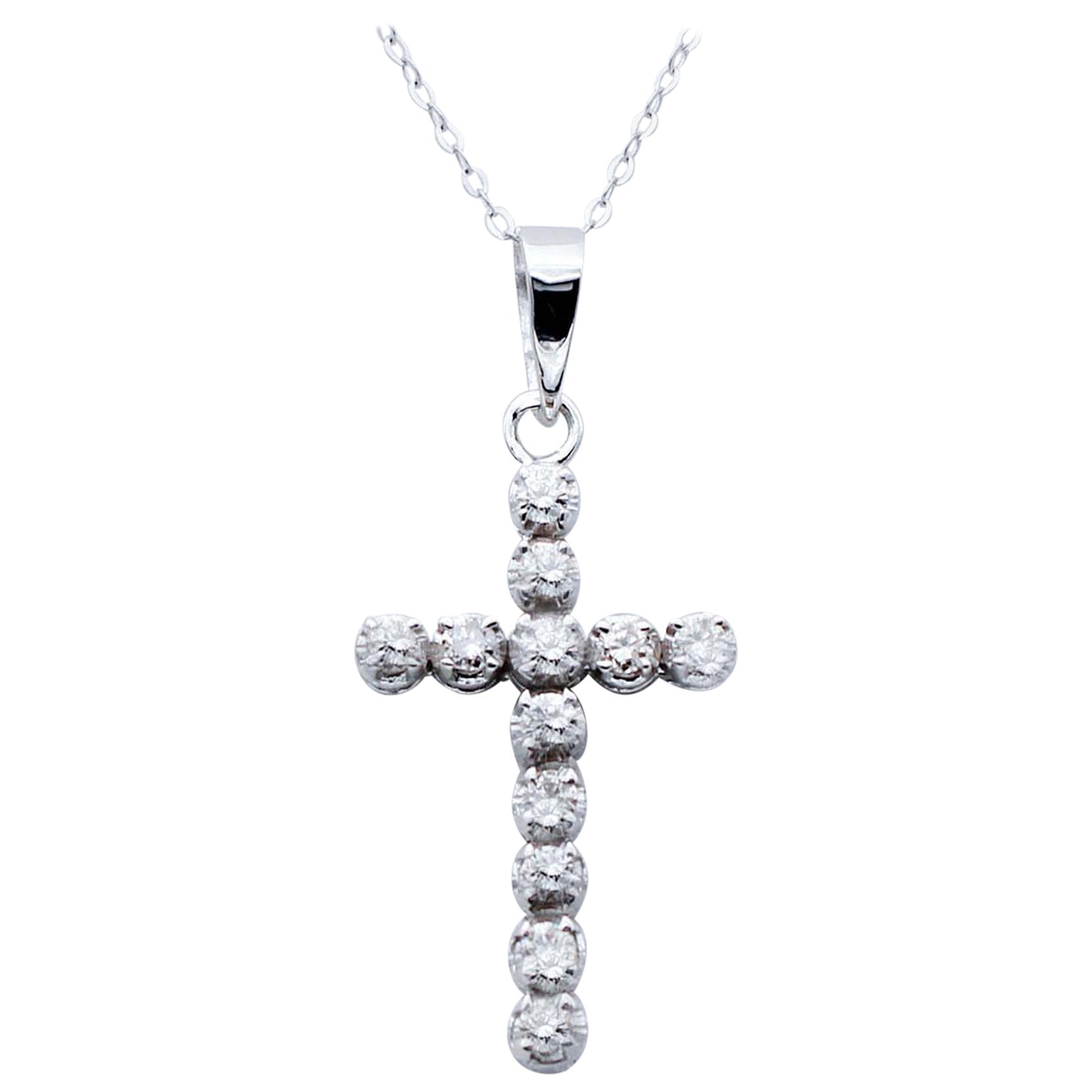 Diamonds, 9 Karat White Gold Cross Pendant Necklace