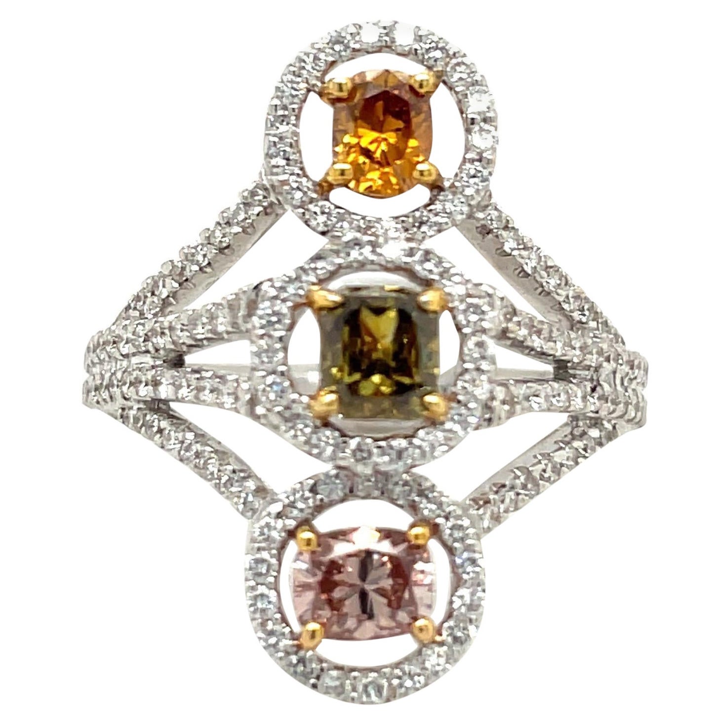 18 Karat White Gold Fancy Colored 1.02 Carat Orange, Green, & Pink Diamond Ring