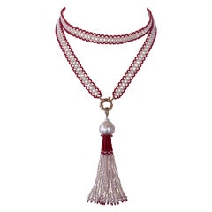 Marina J. Fine Woven Coral & Pearl Satuoir with Baroque Tassel & 14k Yellow Gold