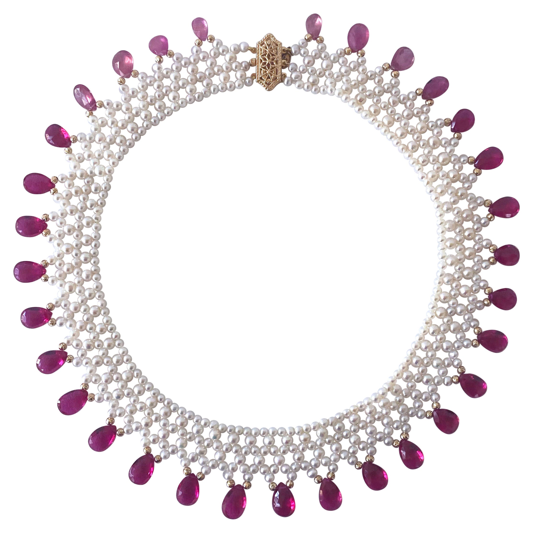Marina J Woven Pearl Necklace with Pink Sapphire brioletts  & 14 k Yellow Gold