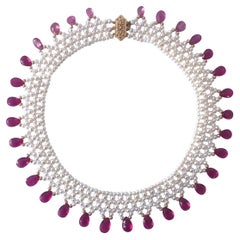Marina J Woven Pearl Necklace with Pink Sapphire brioletts  & 14 k Yellow Gold