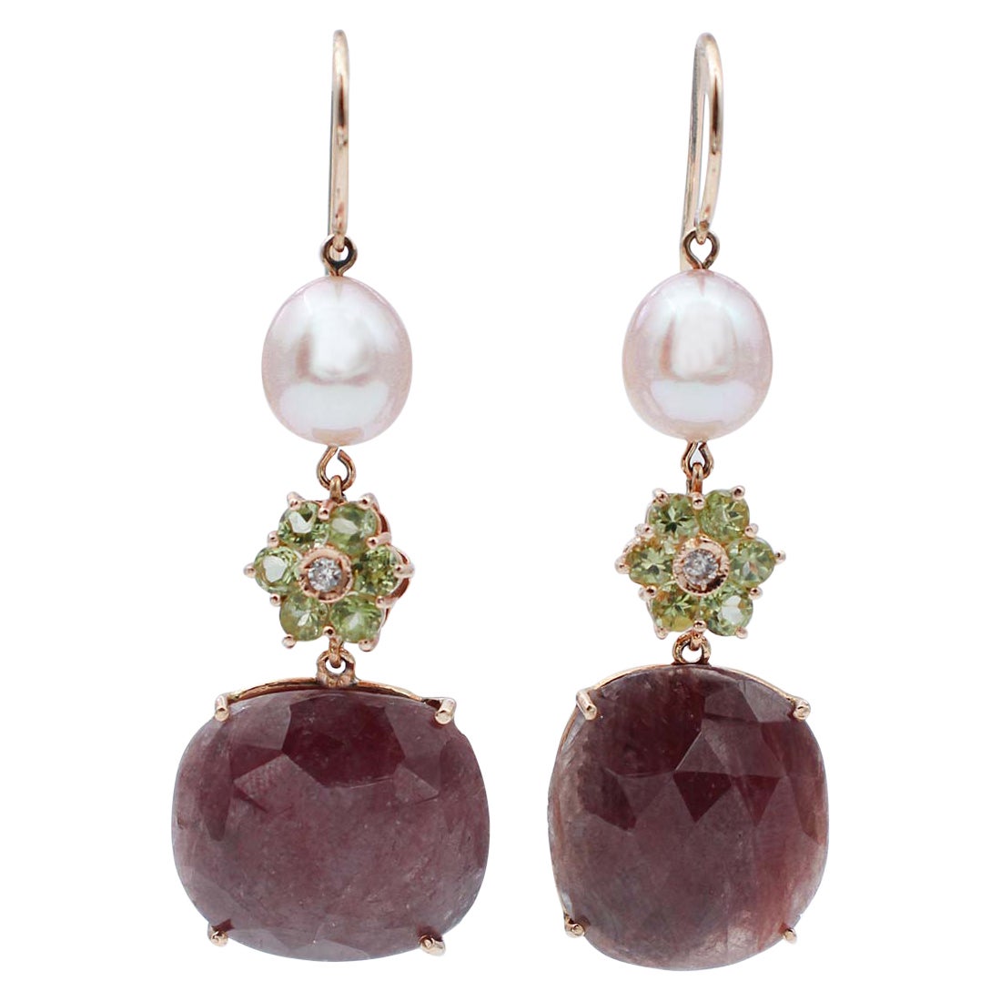 Pearls, Peridots, Sapphires, Diamonds, 14 Karat Rose Gold Dangle Earrings For Sale