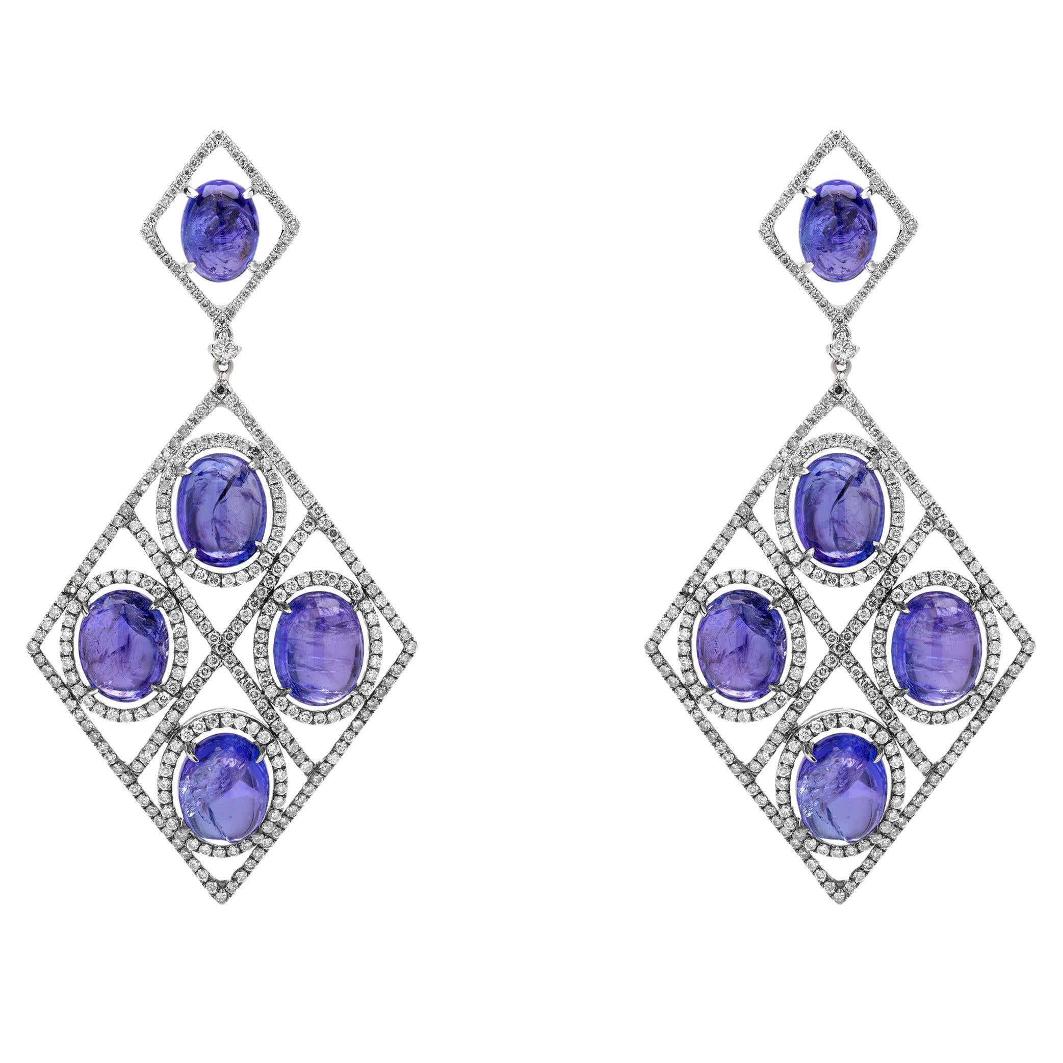 Nigaam 40.02 Cts. Tanzanite & 3.86 Ct Diamond Shaped Dangle Earrings in 18K Gold