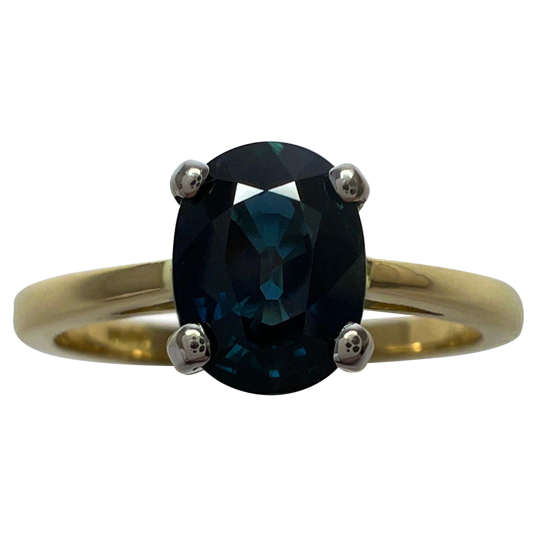 Fine 1.47ct Teal Blue Sapphire Oval Cut 18k White Yellow Gold Solitaire Ring For Sale