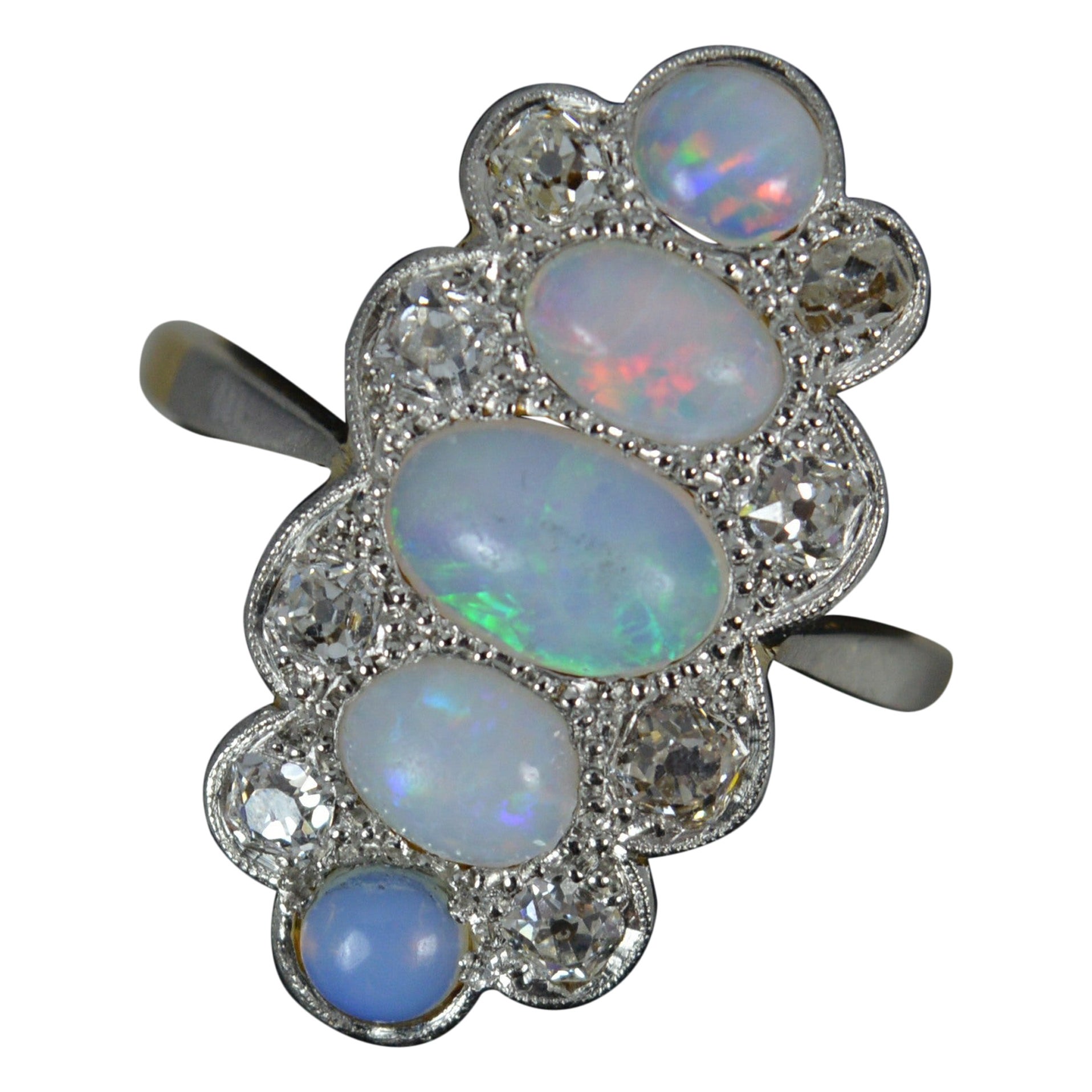Edwardian Opal and Old Cut Diamond 18ct Gold Platinum Panel Cluster Ring