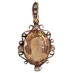 Antique Edwardian Gold Citrine and Pearl Pendant