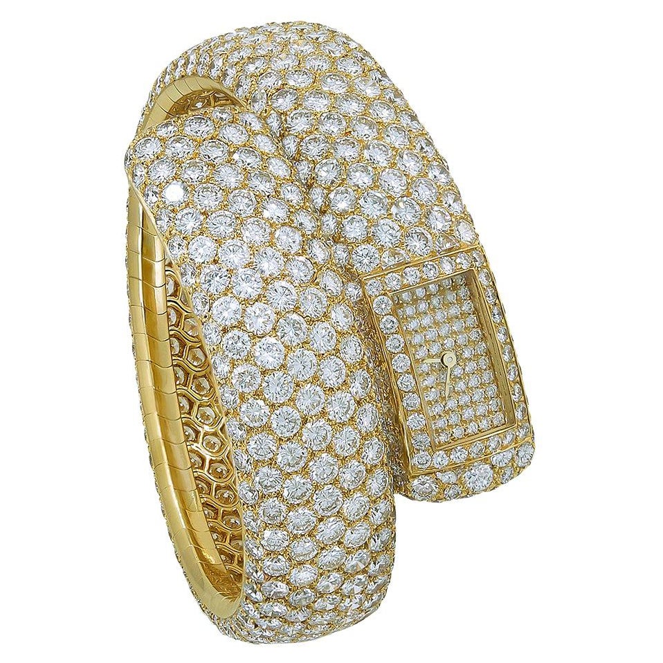 Cartier Paris Diamond Gold Bangle Watch For Sale