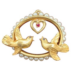 Lovebird Valentine Ruby Sapphire Heart Pendant Necklace Bird Pearl 14 Karat Gold