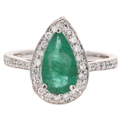 2.07 Carat Pear Cut Emerald Diamond Halo 14 Karat Gold Ring