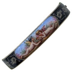 Victorian Cherub Angel Enamel Bangle Bracelet Putti Sterling Silver Rare