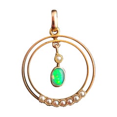 Antique Art Nouveau Opal and Pearl Pendant, 9k Yellow Gold