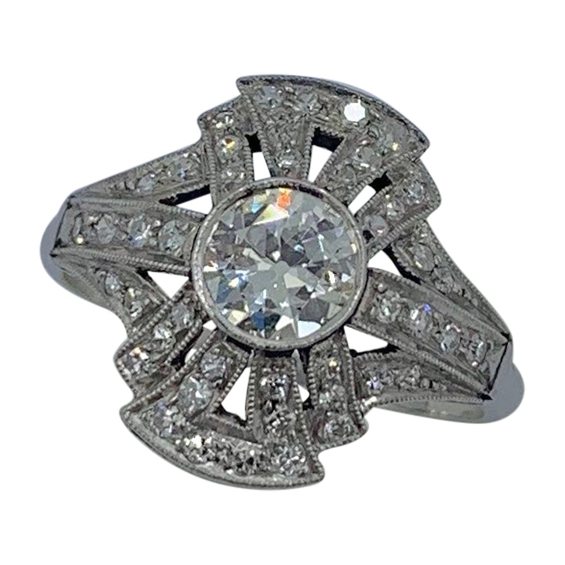 Art Deco Old Mine Diamond Platinum Ring Wedding Engagement Ring Cocktail For Sale