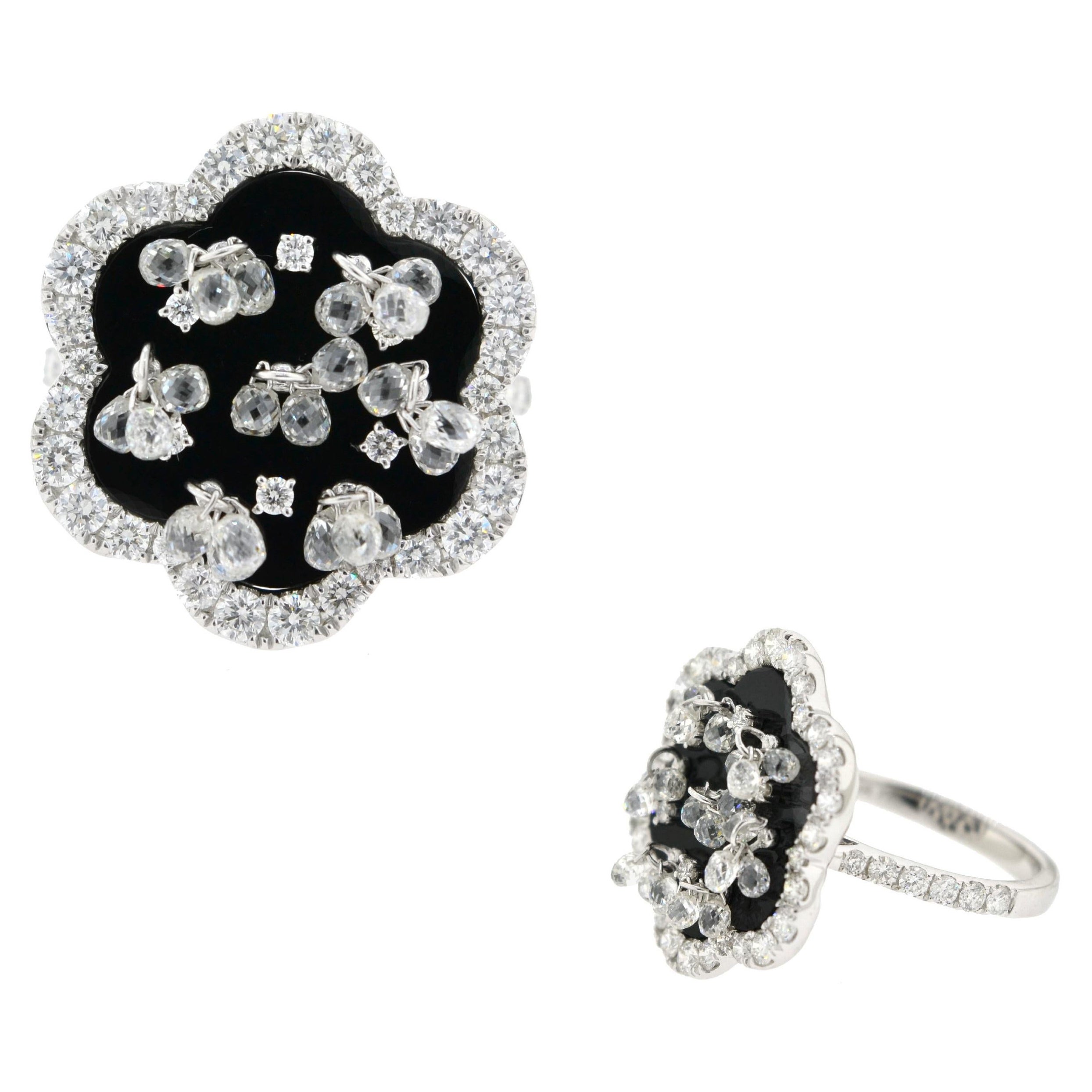 JR Briolette Diamond and Onyx Flower 18 Karat White Gold Ring For Sale