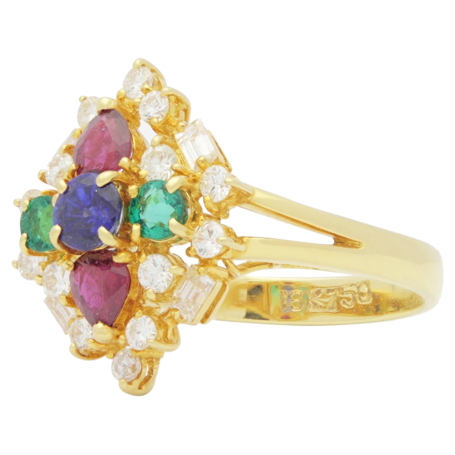 Ruby, Emerald, Sapphire, and Diamond Yellow Gold Ring For Sale at 1stDibs