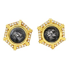 Retro Bulgari 1.25 Carats Diamond Ancient Coin 18 Karat Gold Monete Ear-Clip Earrings