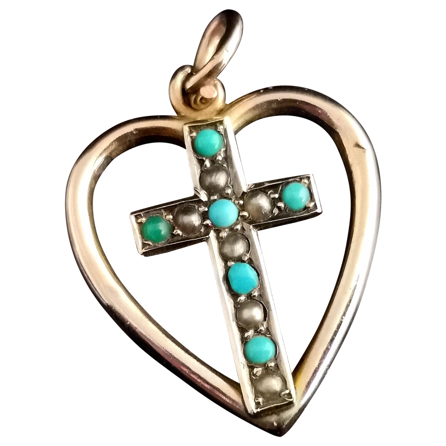 Pendentif ancien en forme de cœur et de croix, en or rose 9 carats, turquoise et perles naturelles