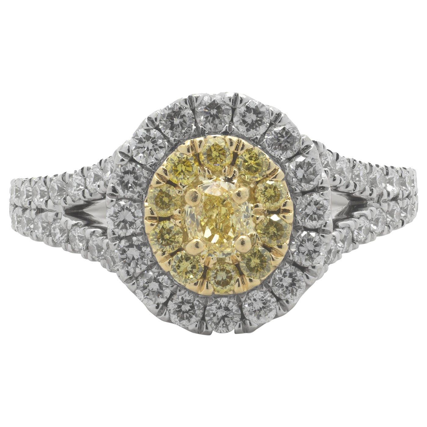 18 Karat White Gold Fancy Yellow and White Diamond Cluster Engagement Ring For Sale