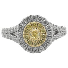 18 Karat White Gold Fancy Yellow and White Diamond Cluster Engagement Ring