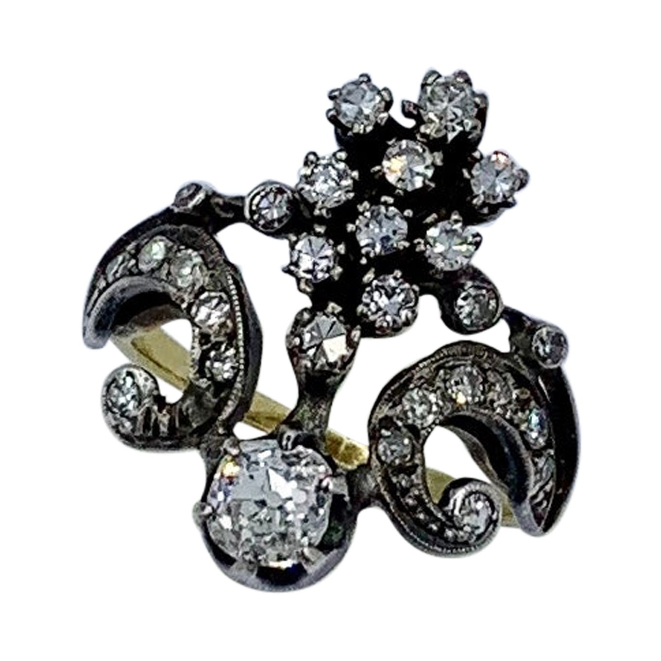 Belle Epoque Old Mine Cut Diamond Ring 18 Karat Gold Engagement Crown Tiara For Sale