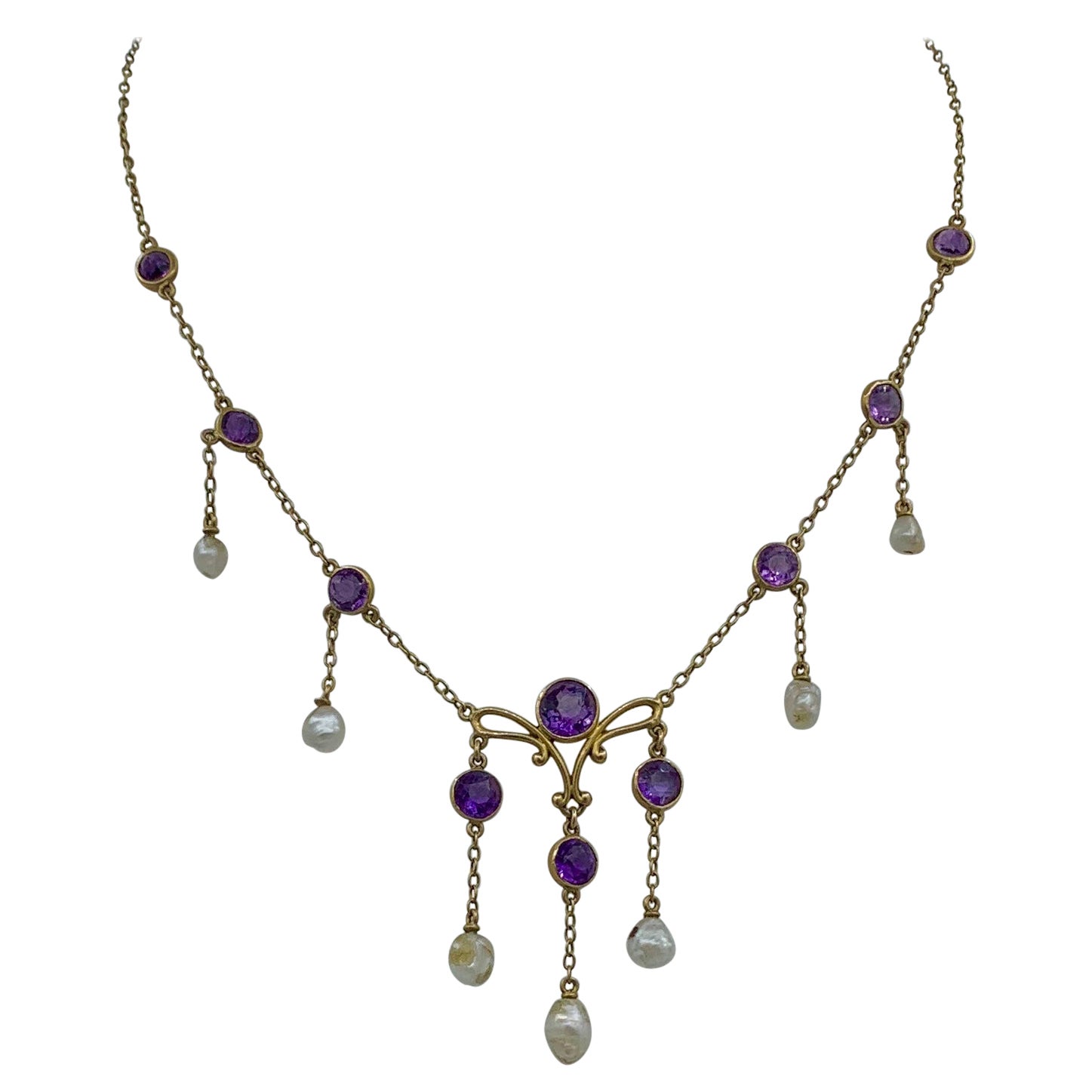 Art Nouveau Siberian Amethyst Natural Pearl Necklace Antique 14 Karat Gold For Sale