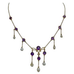 Art Nouveau Siberian Amethyst Natural Pearl Necklace Antique 14 Karat Gold