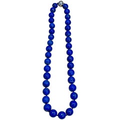 Vintage Lapis Lazuli Single Strand Necklace with  Diamond Clasp 14 Kt White Gold