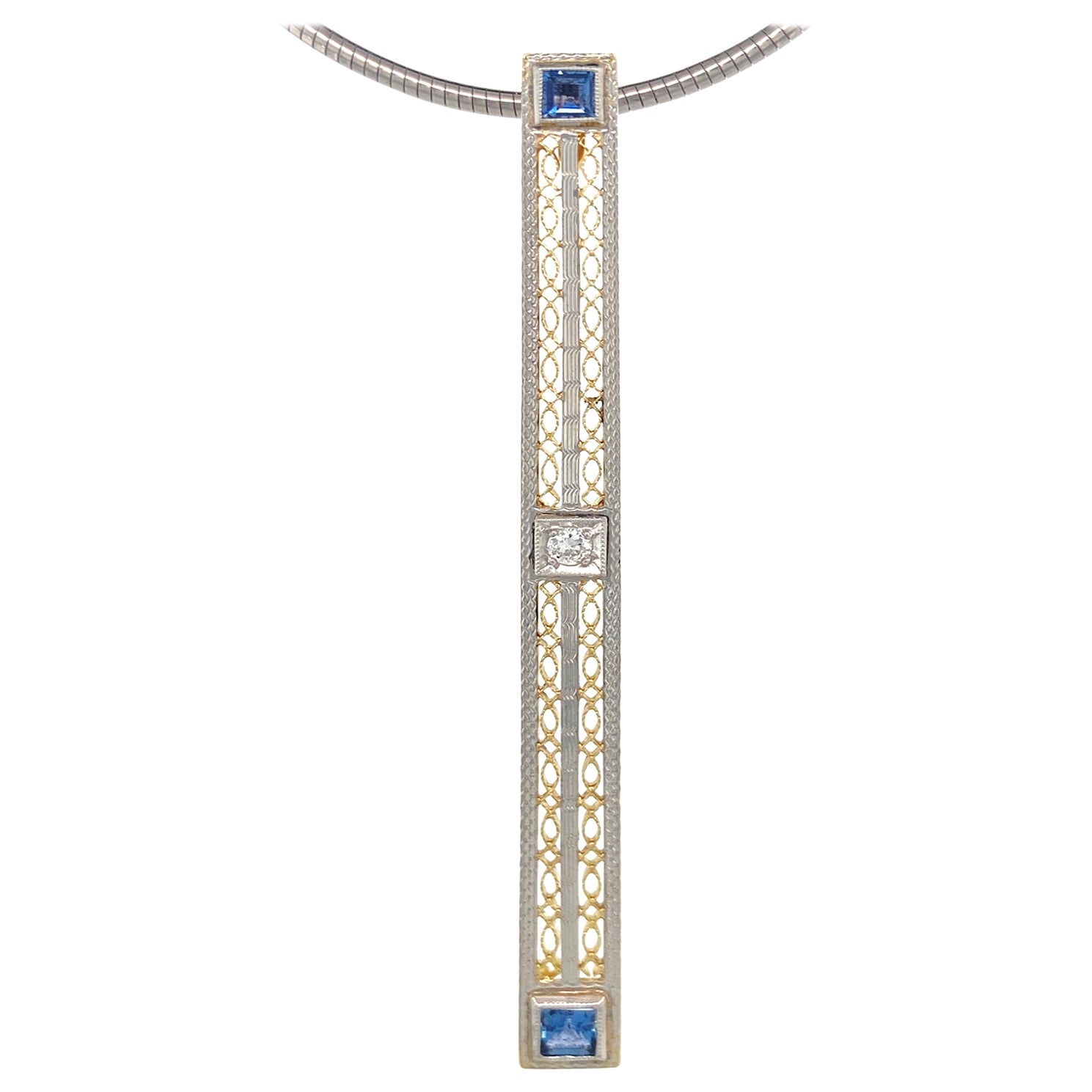 Sapphire & Diamond Deco-Era Gold Converted Bar Pin Pendant on Steel & Gold Chain For Sale