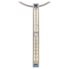 Sapphire & Diamond Deco-Era Gold Converted Bar Pin Pendant on Steel & Gold Chain