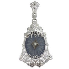 Art Deco Rock Crystal Old Mine Diamond Pendant Necklace Filigree White Gold