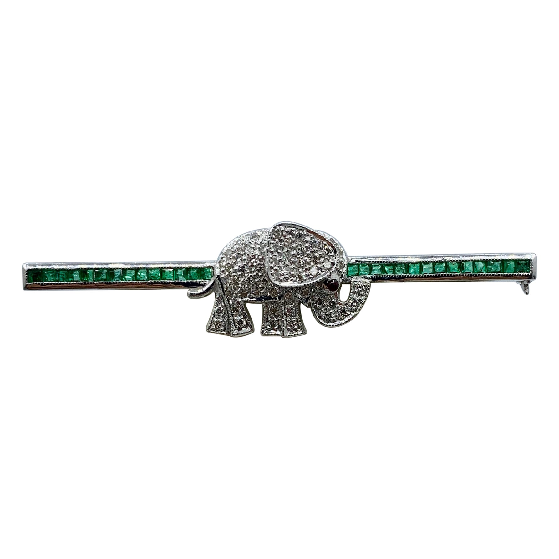 Diamond Emerald Ruby Elephant Brooch Pin 18 Karat White Gold For Sale