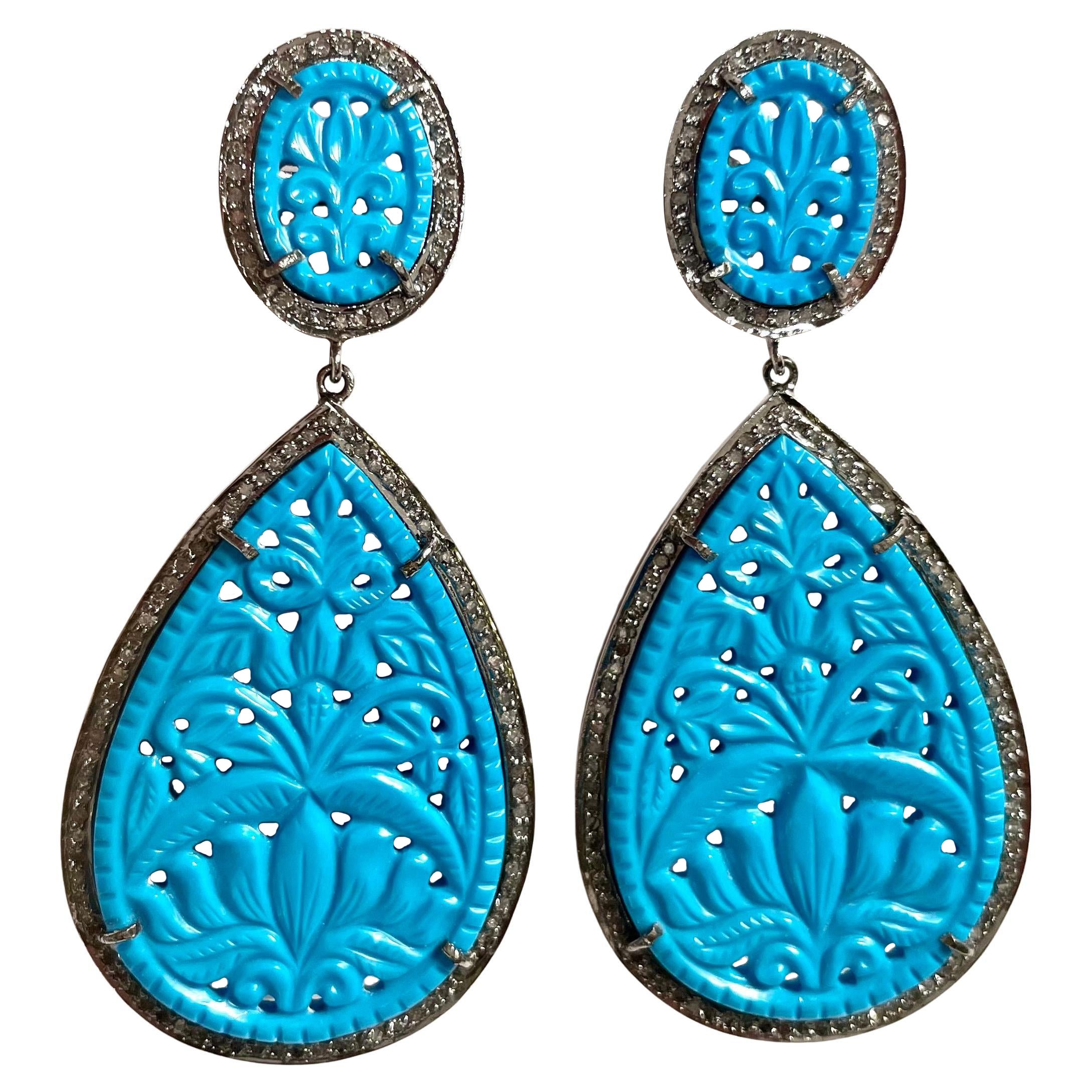 Turquoise Hand-Carved Earrings with Pave Diamonds For Sale