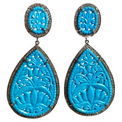 Turquoise Hand-Carved Earrings with Pave Diamonds