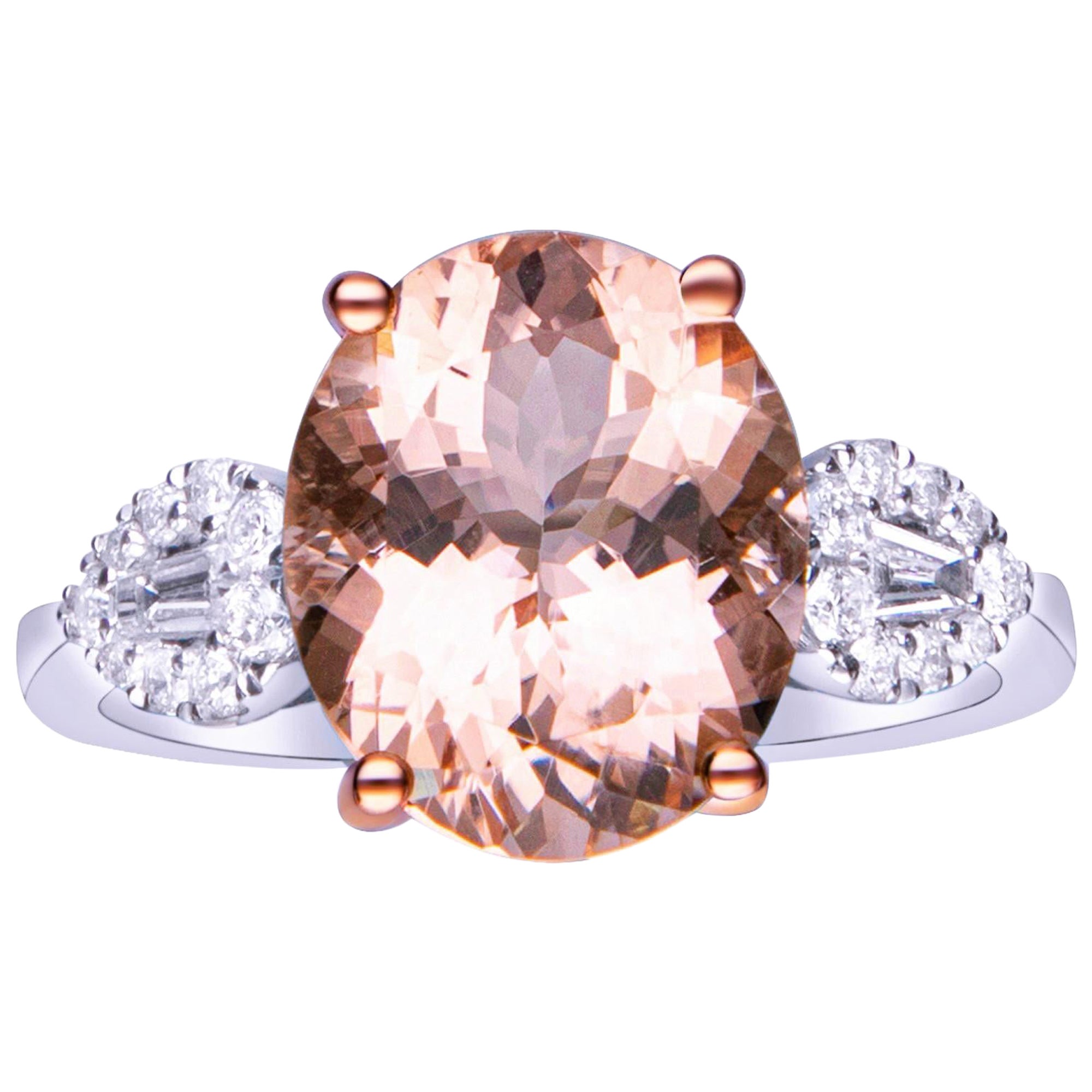 4.50 Carat Morganite Oval Cut Diamond accents 14K Two Tone Bridal Ring. For Sale