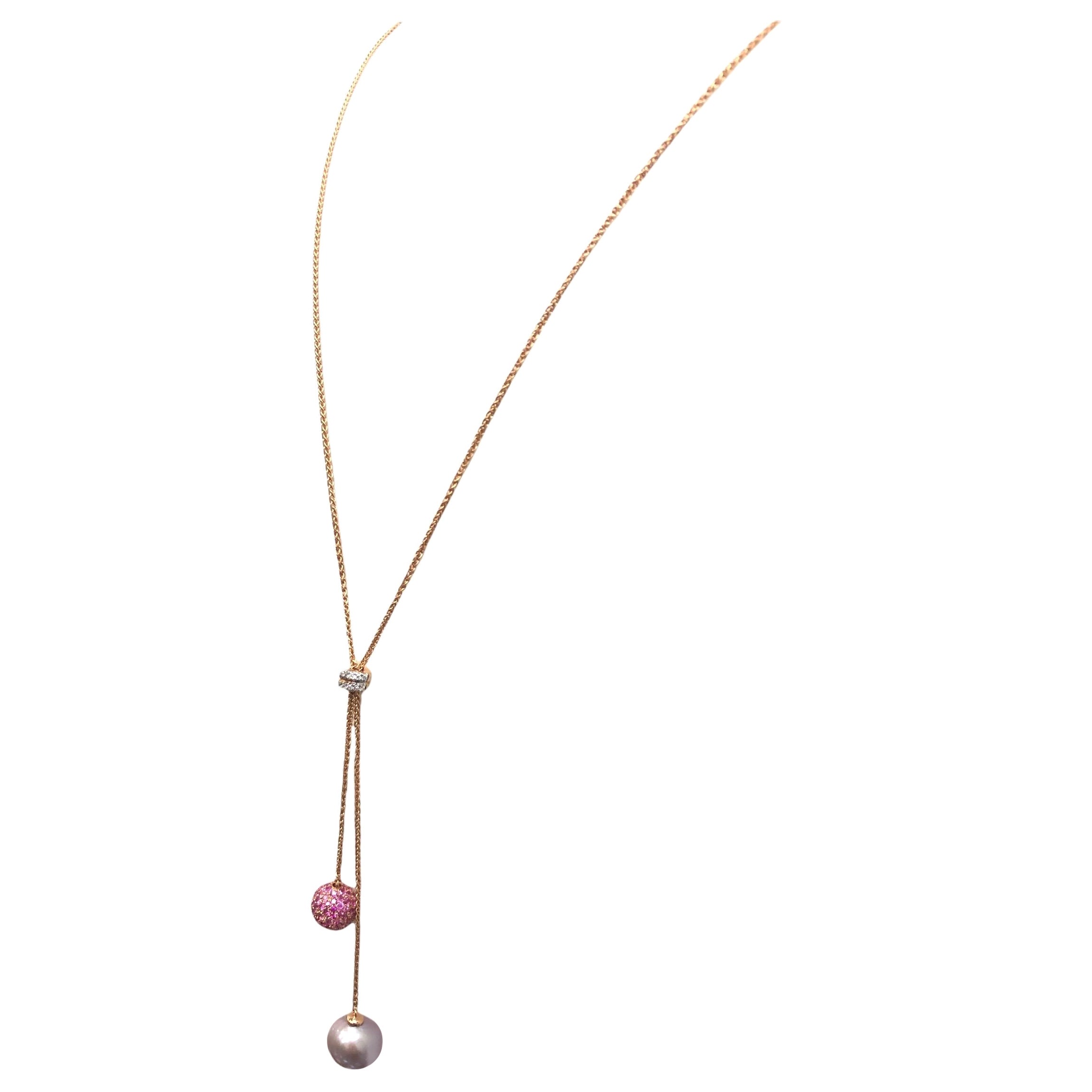 18K Rose Gold Diamond Sapphire Pearl Adjustable Necklace For Sale