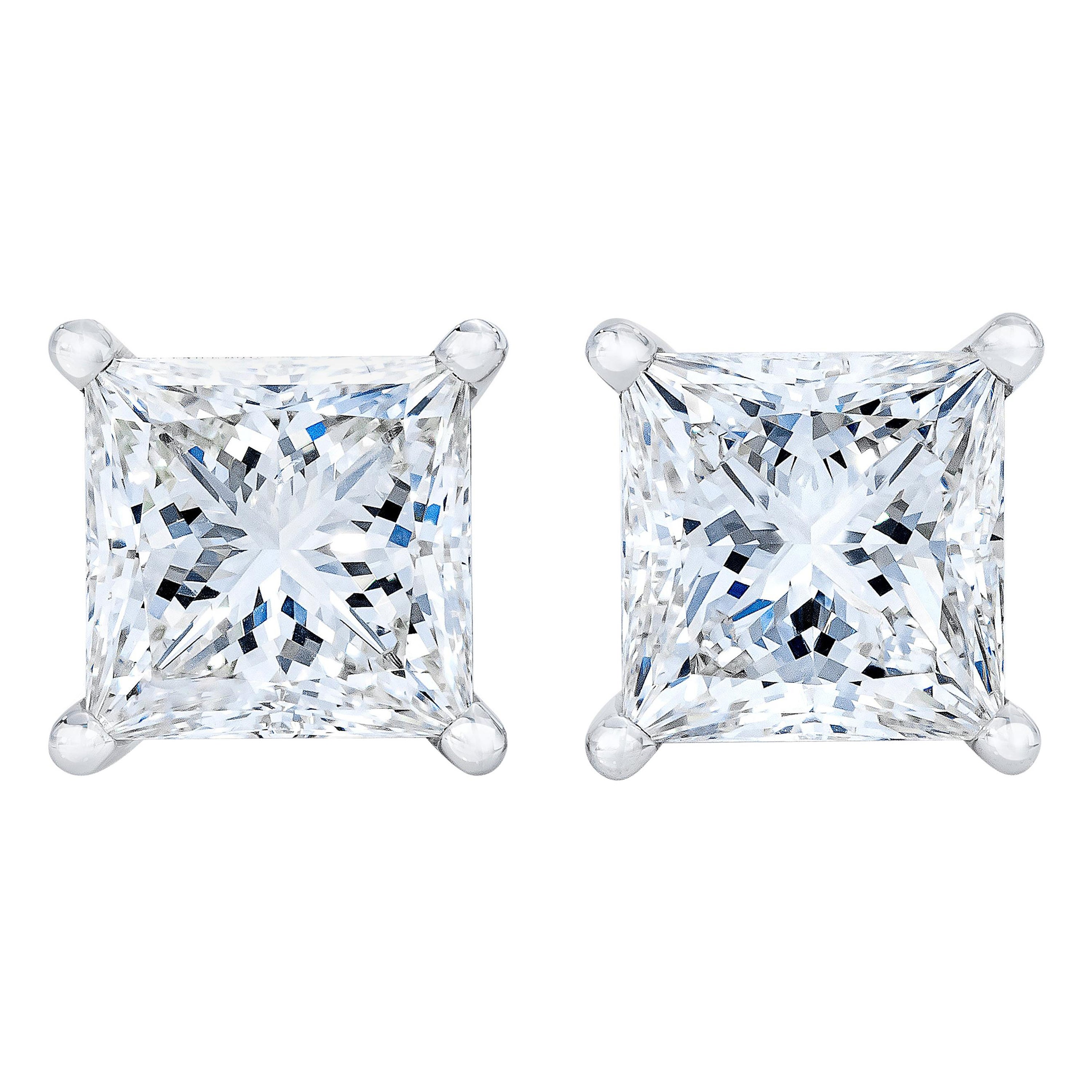 AGS Certified 14K White Gold 1/4 Carat Princess Solitaire Diamond Stud Earrings