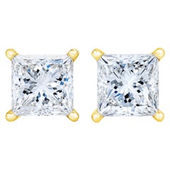 AGS Certified 14K Yellow Gold 1/4 Carat Princess Solitaire Diamond Stud Earrings