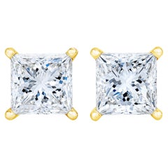 AGS Certified 14K Yellow Gold 3/8 Carat Princess Solitaire Diamond Stud Earrings