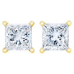 AGS Certified 14K Yellow Gold 1/4 Carat Solitaire Princess Diamond Stud Earrings