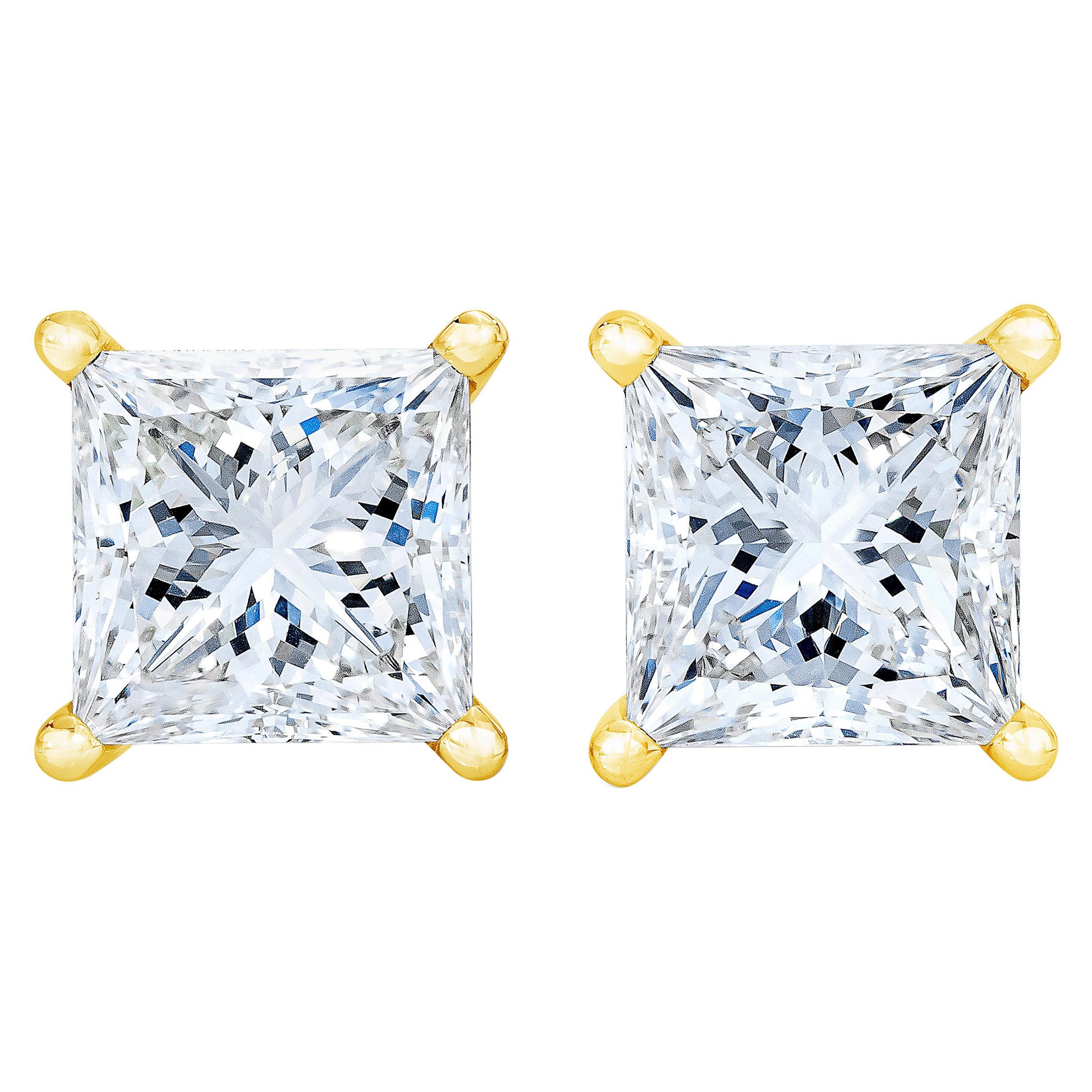 AGS Certified 14K Yellow Gold 1/4 Carat Princess Solitaire Diamond Stud Earrings For Sale