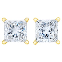 AGS Certified 14K Yellow Gold 1/4 Carat Princess Solitaire Diamond Stud Earrings