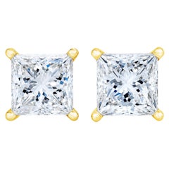 Clous d'oreilles solitaires princesse en or jaune 14 carats certifié AGS avec diamants de 1/4 carat