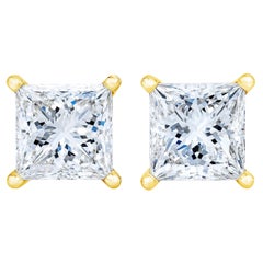 AGS Certified 14K Yellow Gold 3/8 Carat Princess Solitaire Diamond Stud Earrings