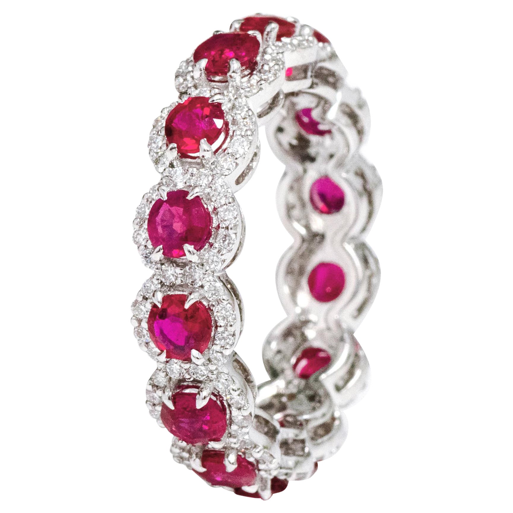 18 Karat White Gold 3.39 Carat Ruby and Diamond Cluster Eternity Band Ring For Sale