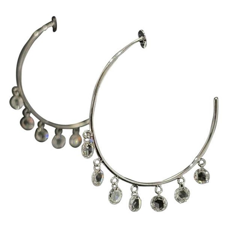 PANIM Diamond Rosecut 18k White Gold Hoop Earrings For Sale
