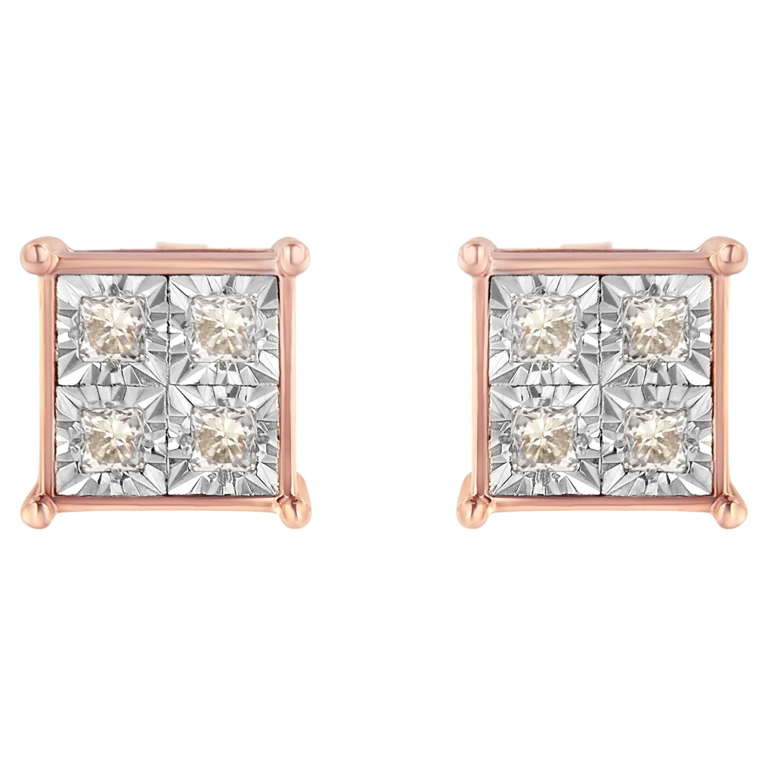 Rose Gold Plated Sterling Silver 1/2 Carat Diamond Composite Stud Earrings For Sale
