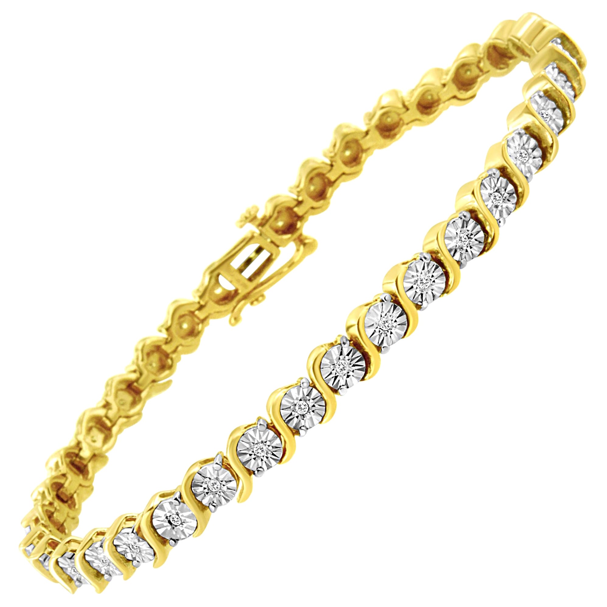 Yellow Gold Plated Sterling Silver 1/4 Carat Diamond "S" Link Tennis Bracelet For Sale